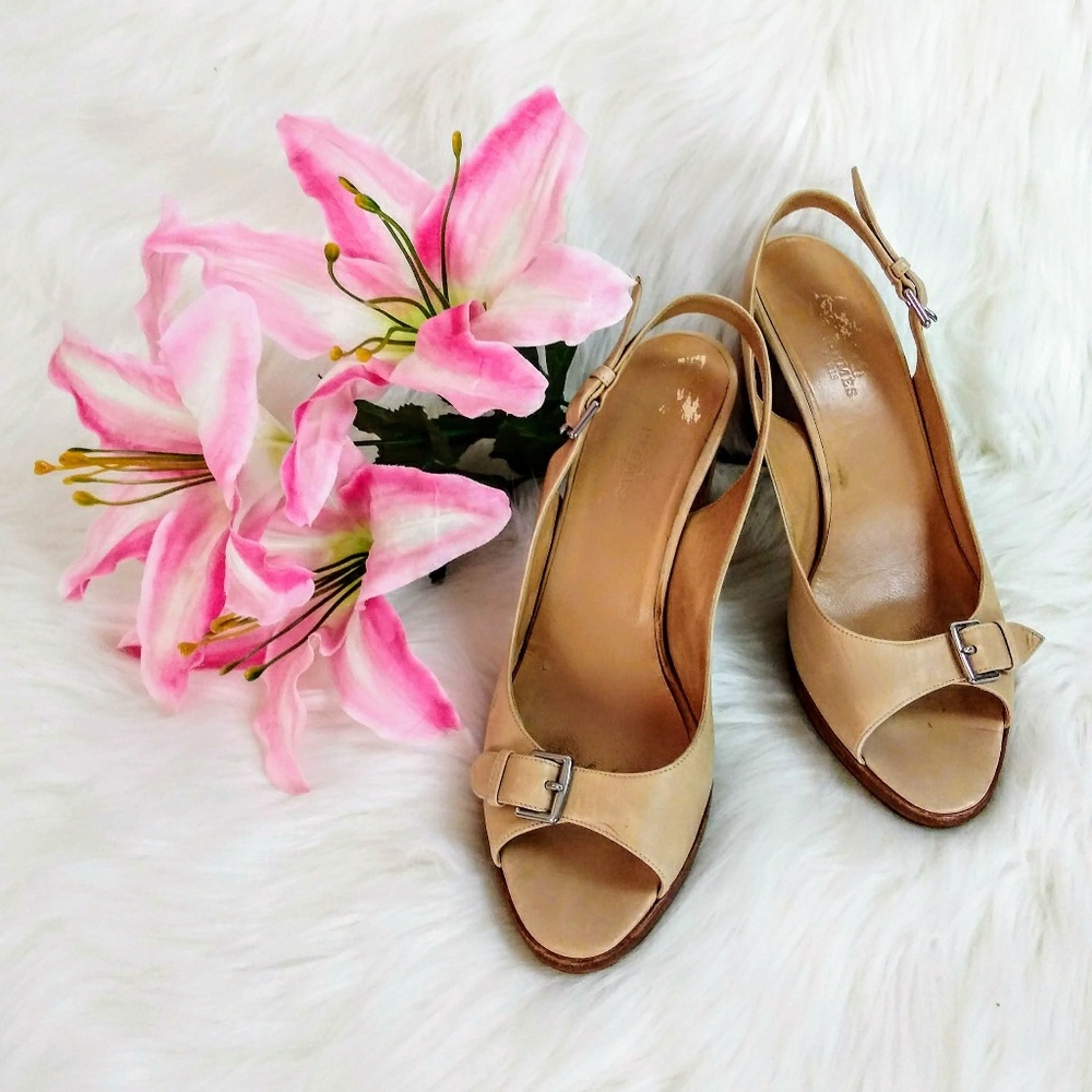 🎀HERMES TAN PEEPTOE SLINGBACK  PUMPS HEELS VGUC